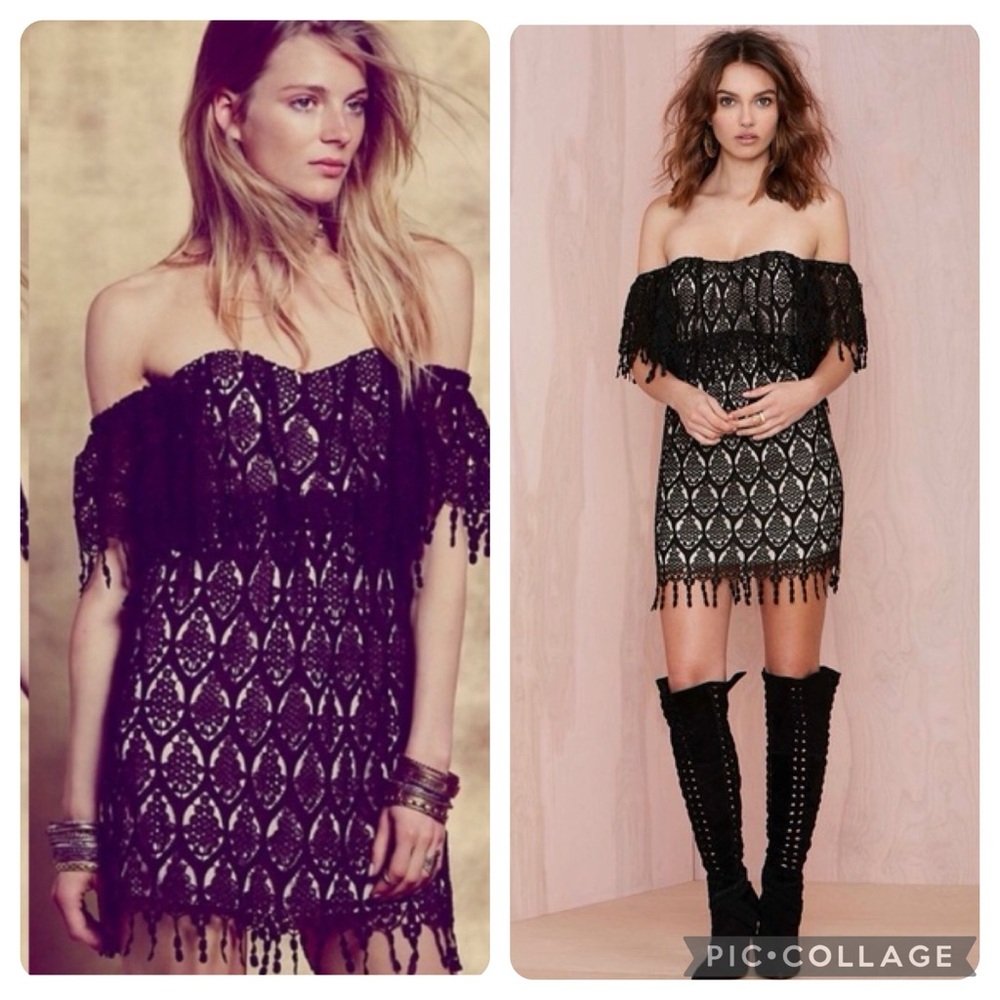 Stone Cold Fox “Iowa” Lace Off Shoulder Fringe Mini Dress